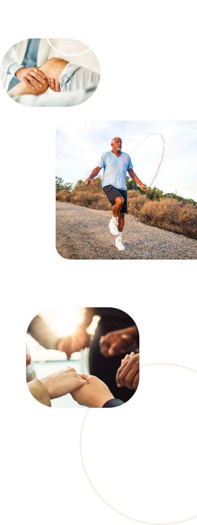 Three images on the right side of the screen: a doctor with light skin inspecting a patient's knee, a man with dark skin jump roping, a group of people with different skin tones holding hands, supporting each other.